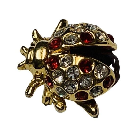 Women’s Red & White Crystal Glass Enamel Ladybug Gold Tone Vintage Brooch - Picture 3 of 6